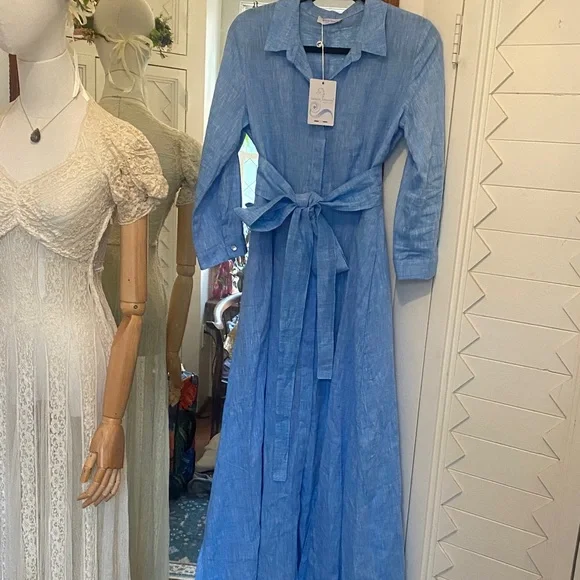 Italian Linen Blue Maxi Dress with Belt - Picture 1 of 4